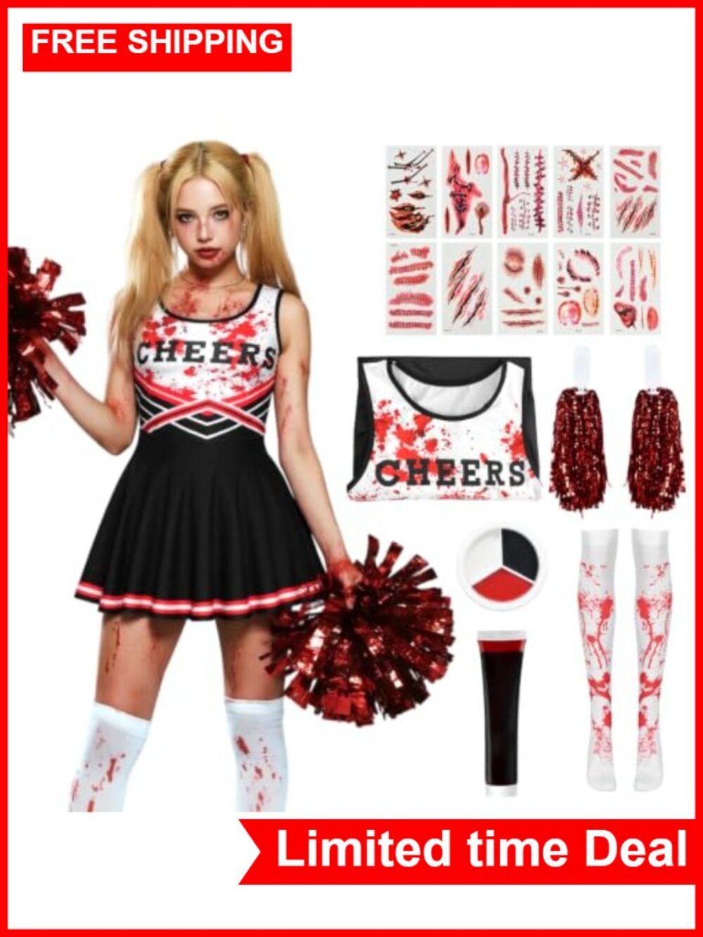 Zombie Cheerleader Costume Women Bloody Halloween Cosplay